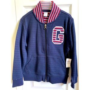 BNWT GAP Boys’ Stripe Logo Zip Up Varsity Jacket, size 5T.